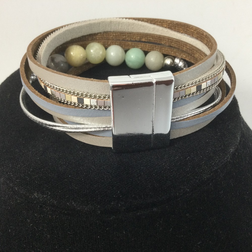 Silver Magnetic Cuff Bracelet with Leather and Beads
