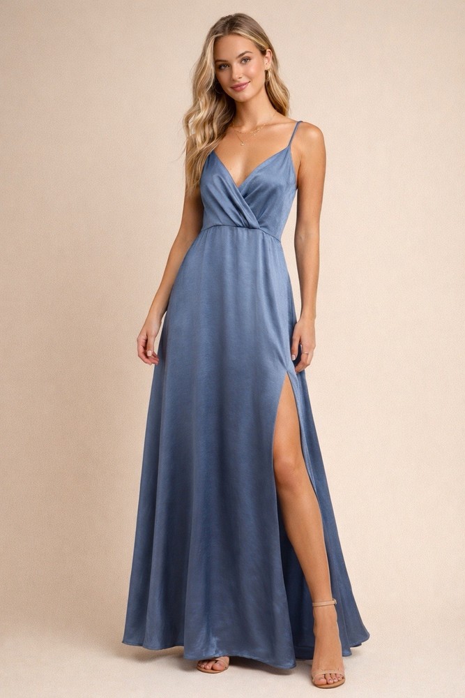 Lulus Blue Satin Maxi Dress XS Spaghetti Strap V Neck Empire Waist Formal Gown