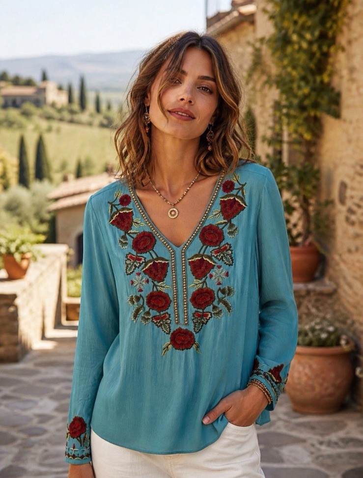 Soft Surroundings Womens XL Teal Floral Top Embroidered V Neck Beaded Tunic Boho