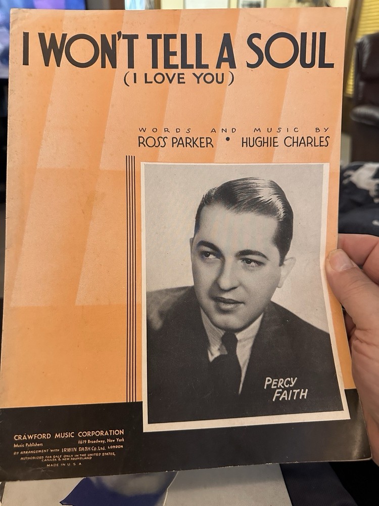 B 1938 Early Percy Faith sheet music ‘I WON’T TELL YOU A SOUL’ by Ross Parker