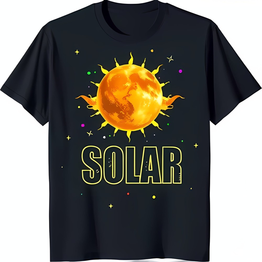 Bold Black T-Shirt with Vibrant Sun Graphic & 'SOLAR' Print Unique Design