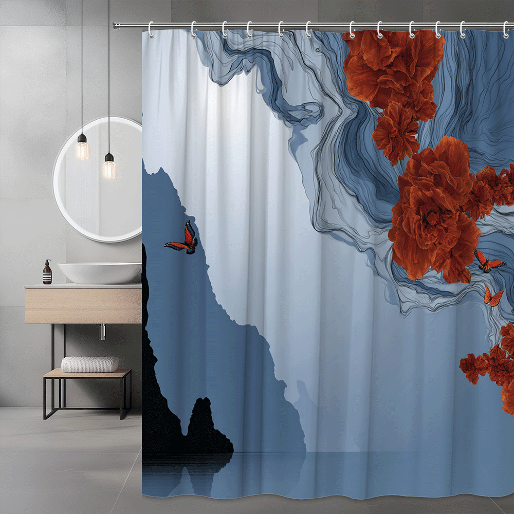 Abstract Floral Shower Curtain Blue Orange Butterfly Wall Art