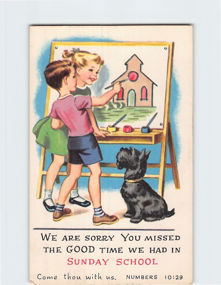 Postcard Painting Church Scene Art Print Sunday School