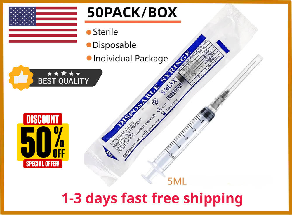 50 Pack 5ml 5cc 22 Gauge Disposable Syringe Tool, Individual Package