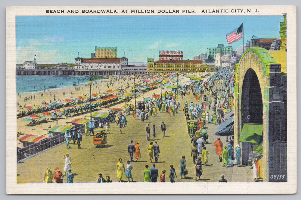 Linen~Beach & Boardwalk Million Dollar Pier Atlantic City NJ~Vintage Postcard