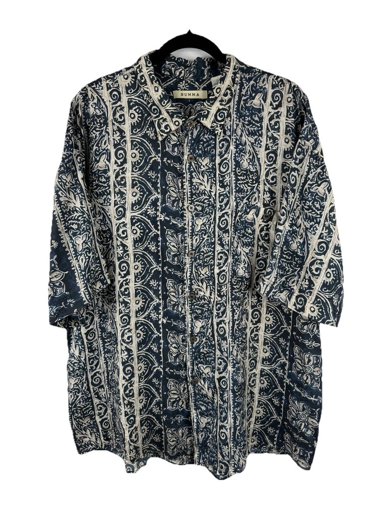 Vintage 90s 100% Silk Hawaiian Shirt XL Surf Print  Aloha Tropical Blue White