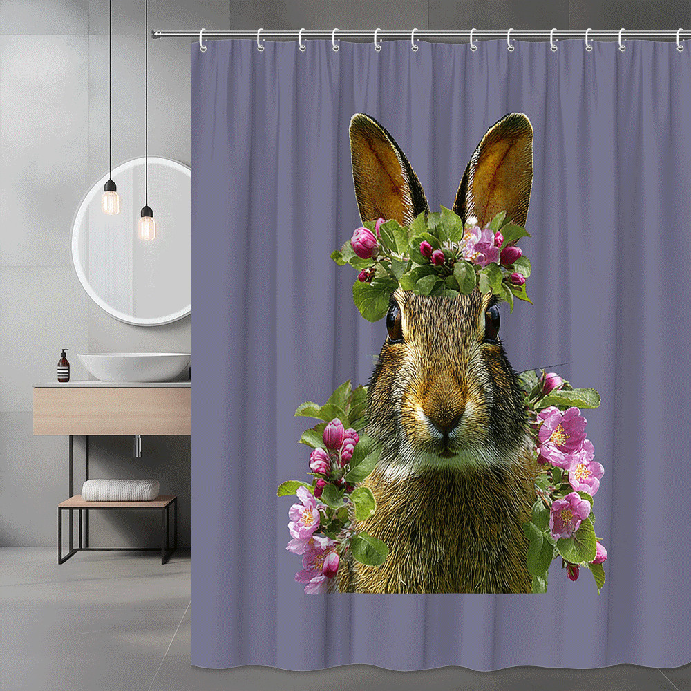 Rabbit Floral Shower Curtain Purple Bunny Print