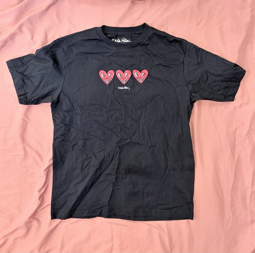 Keith Haring Men's Black Heart Graphic Cotton T-Shirt Crew Neck Short Sleeve S