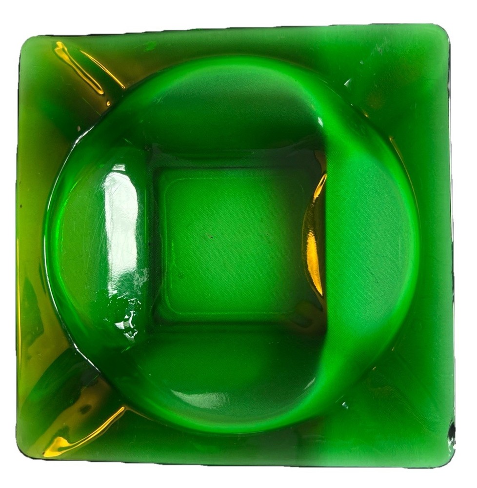 Vintage Emerald Green Glass Square Cigar/Cigarette Ashtray 4.5”