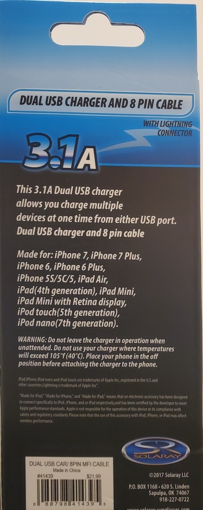 SOLARAY Dual Port 3.1A Fast Charger with 8-Pin Cable for Apple Devices in White and Blue
