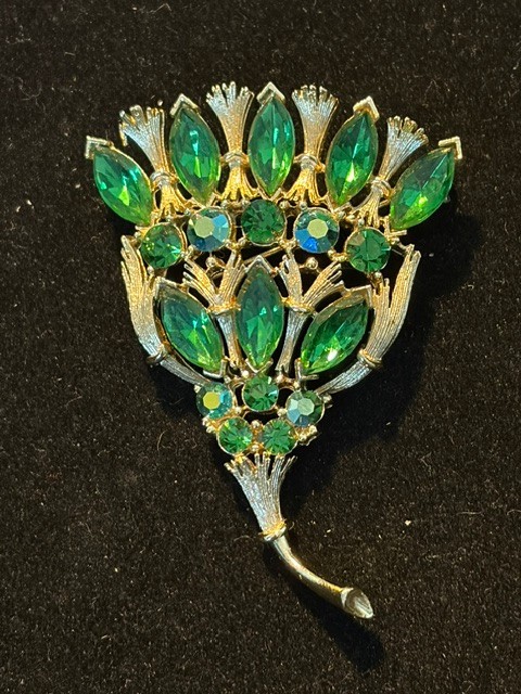Vintage Lisner Flower Design Green Rhinestone Brooch/ Pin