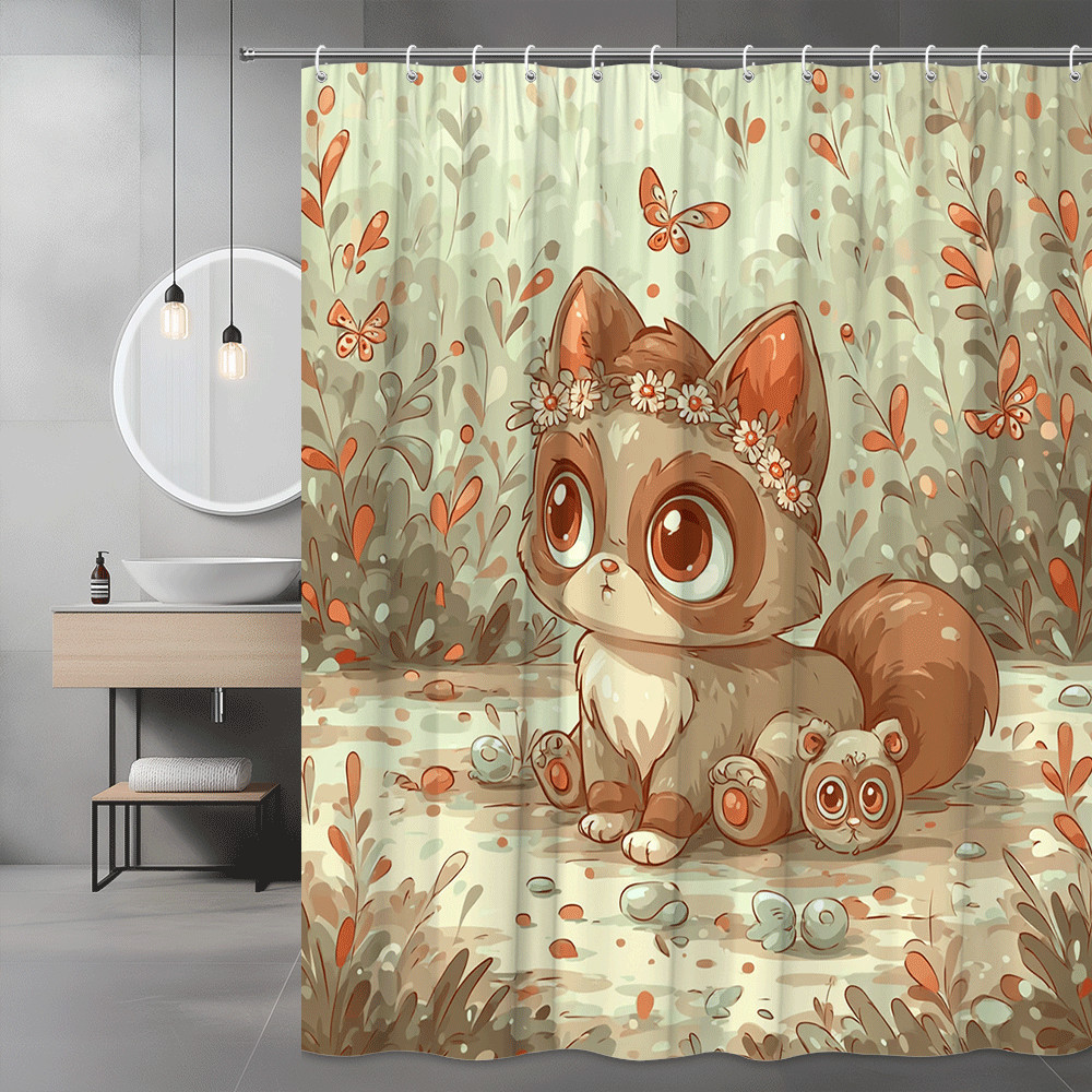 Fox and Owl Floral Shower Curtain Cute Woodland Print