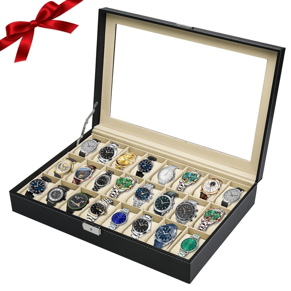 24 Slot Watch Box for Men,Watch Cases for Men,Watch Display Case,Glass Top,PU...