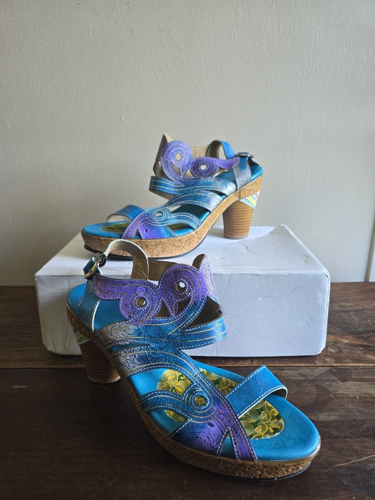 Women's Multicolor Handpainted Genuine Leather High Heeled Strapy Sandals  Sz 8