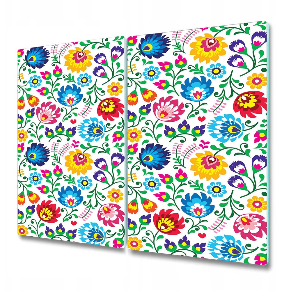 Glass Worktop Saver with Polish Folk Art Design in Vibrant Blue and Yellow Colors, Size 2x30x52cm