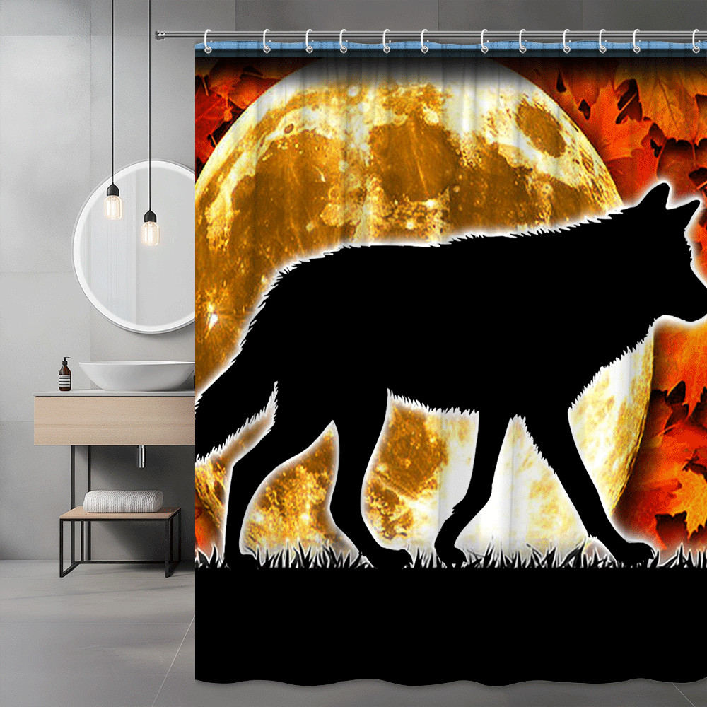 Wolf Silhouette Moon Shower Curtain Halloween Orange Black