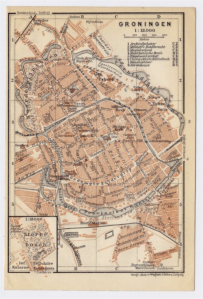 1910 Original Antique City Map Of Groningen / Netherlands Holland