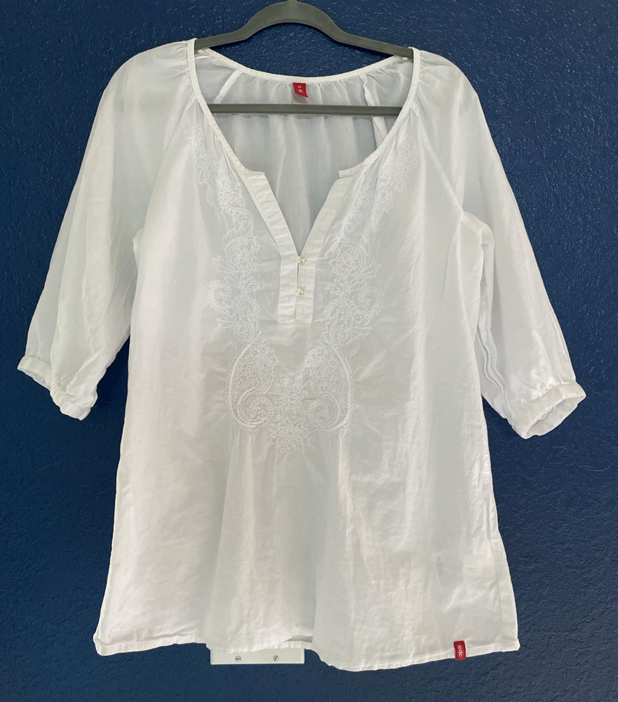 Womens Edc Esprit White  Lightweight Woven Cotton Top V-Neck Medium Boho Beach