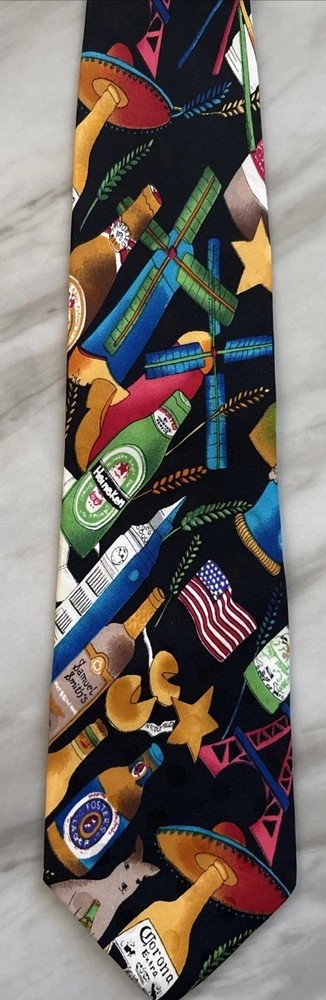Vtg Nicole Miller Silk NECKTIE Lager Beer WORLD Theme 1991