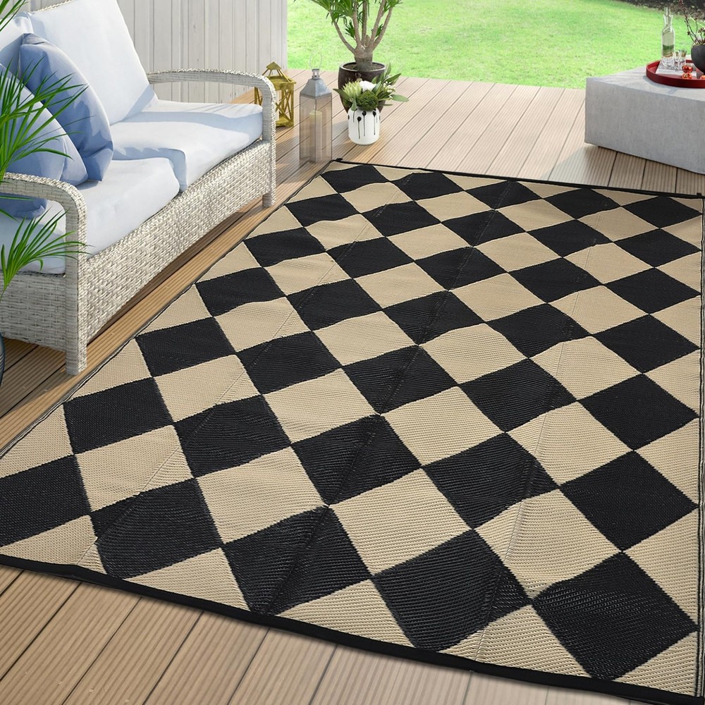 Outdoor Reversible Rug 8x10 - Waterproof Plastic Straw Mat for Patio, Camping, B