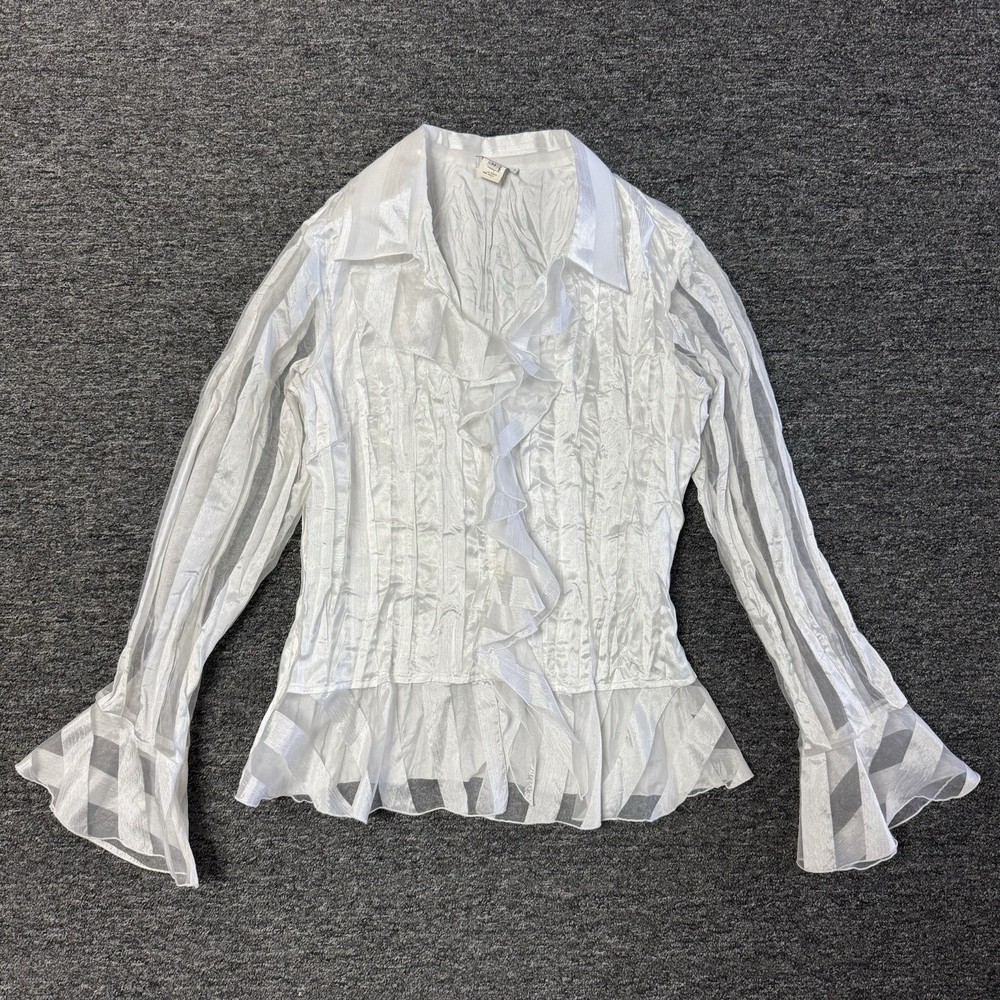 Women’s Cache White Ruffle Frill Long Sleeve Button Up Festival Blouse - Size M