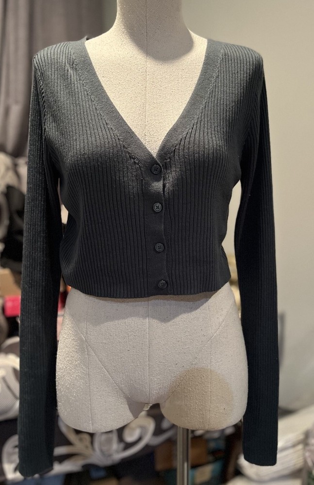 Wild Fable Dark Green Ribbed Long Sleeve Button Front Crop Cardigan Size L