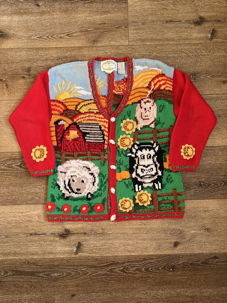 Vintage Eagle's Eye Collectibles Barn Farm Animal Cow Knit Cardigan Sweater M