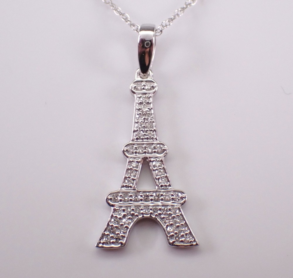 White Gold Diamond Eiffel Tower Charm Choker Necklace