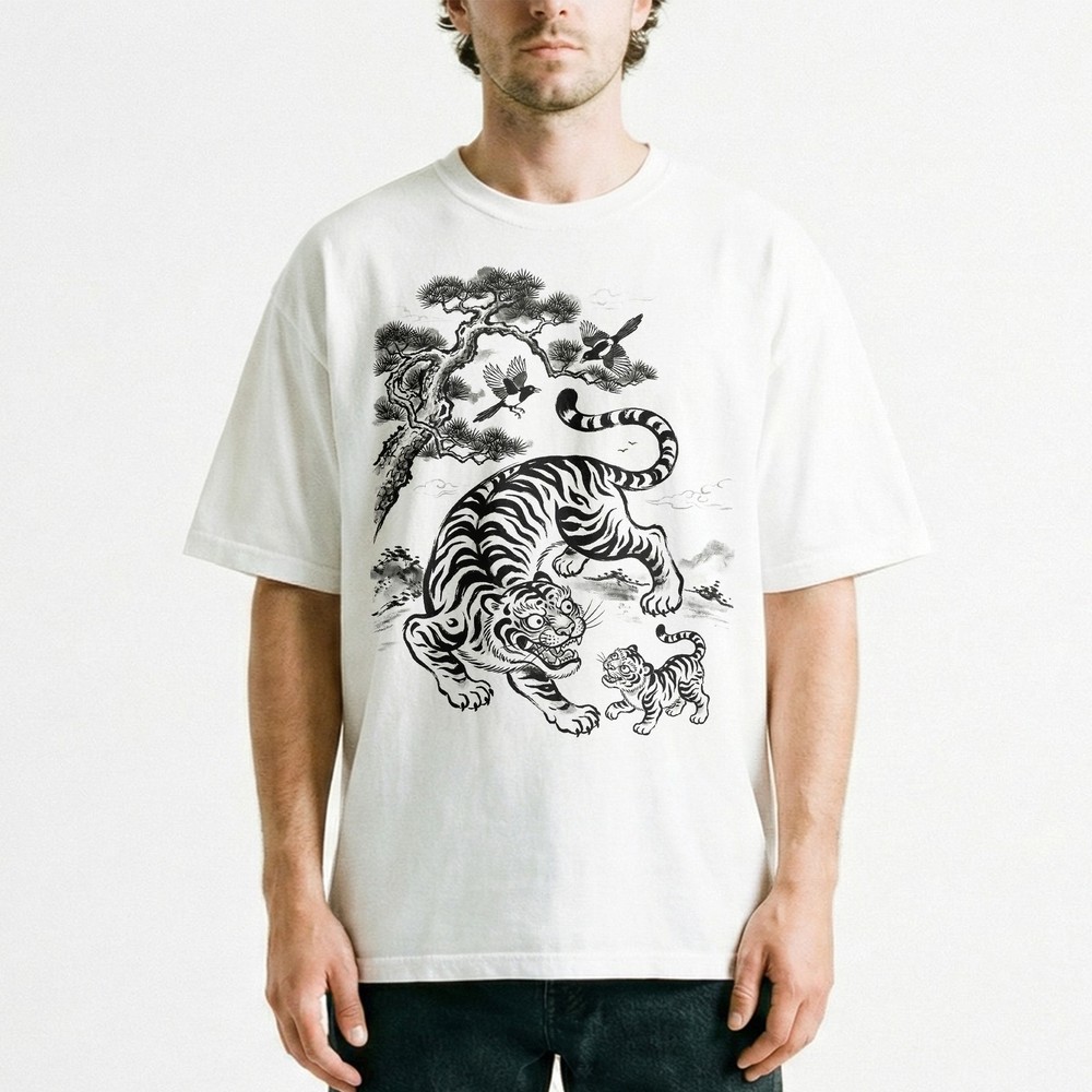 Japanese Ink Tiger Cubs Pine Tree Traditional Asian Vintage t-shirt Oriental Tee