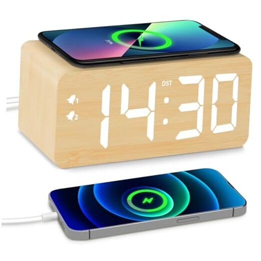 Wooden Digital Alarm Clock with 10W Fast Wireless Charger & USB Ports in Bamboo Design