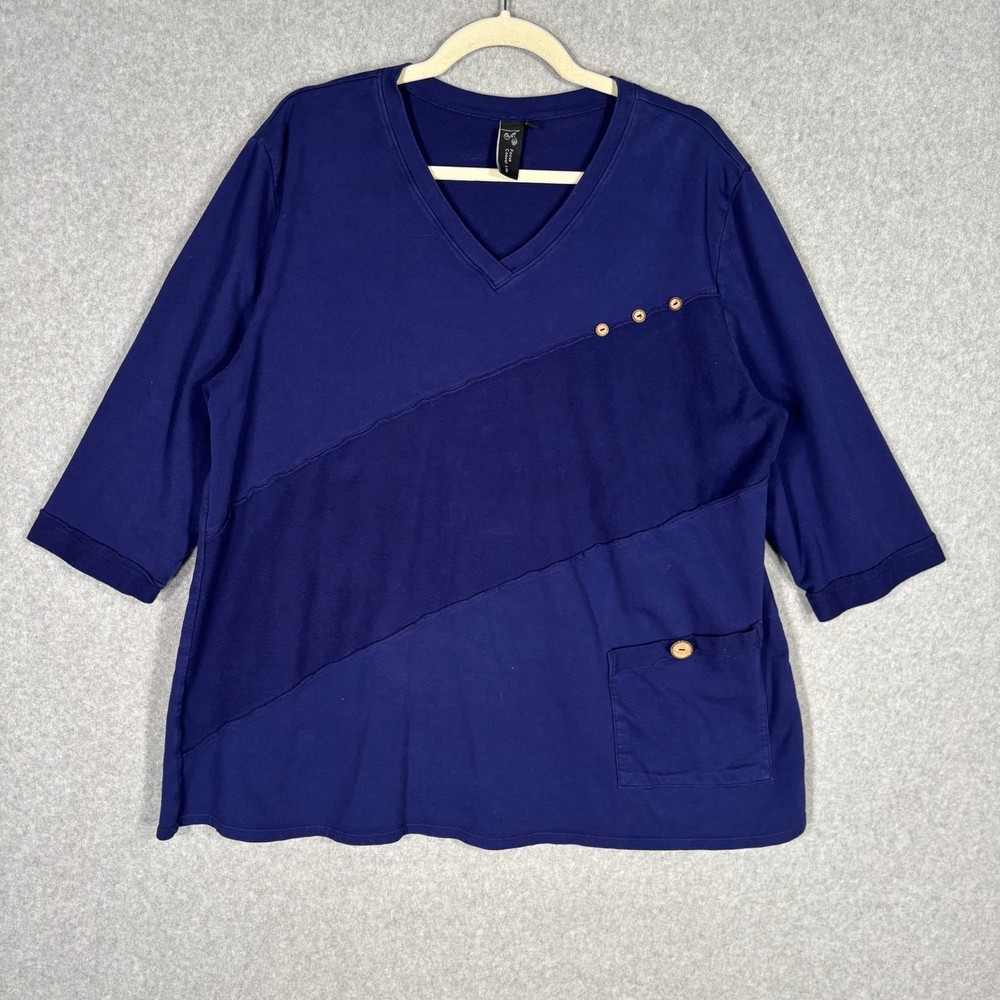 Focus Casual Life Asymmetric Tunic Top XL Navy Button Pocket Lagenlook Artsy