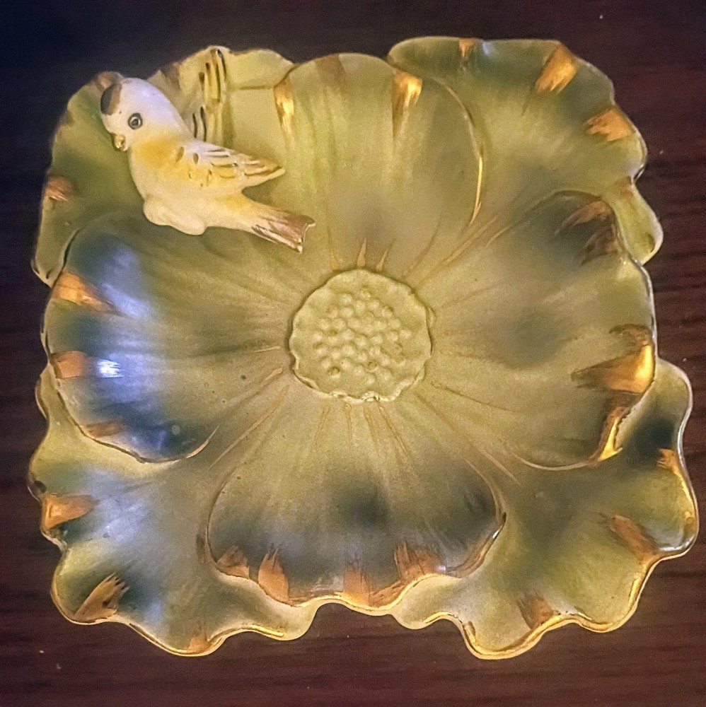 Vintage~Japan Green with Gold Gilt Flower & 3D Bird Candy~Trinket Dish