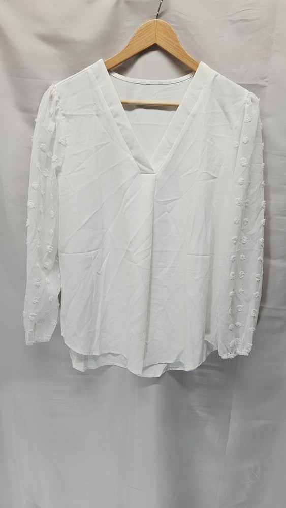 Womens Size Large White V Neck Puff Sleeve Top