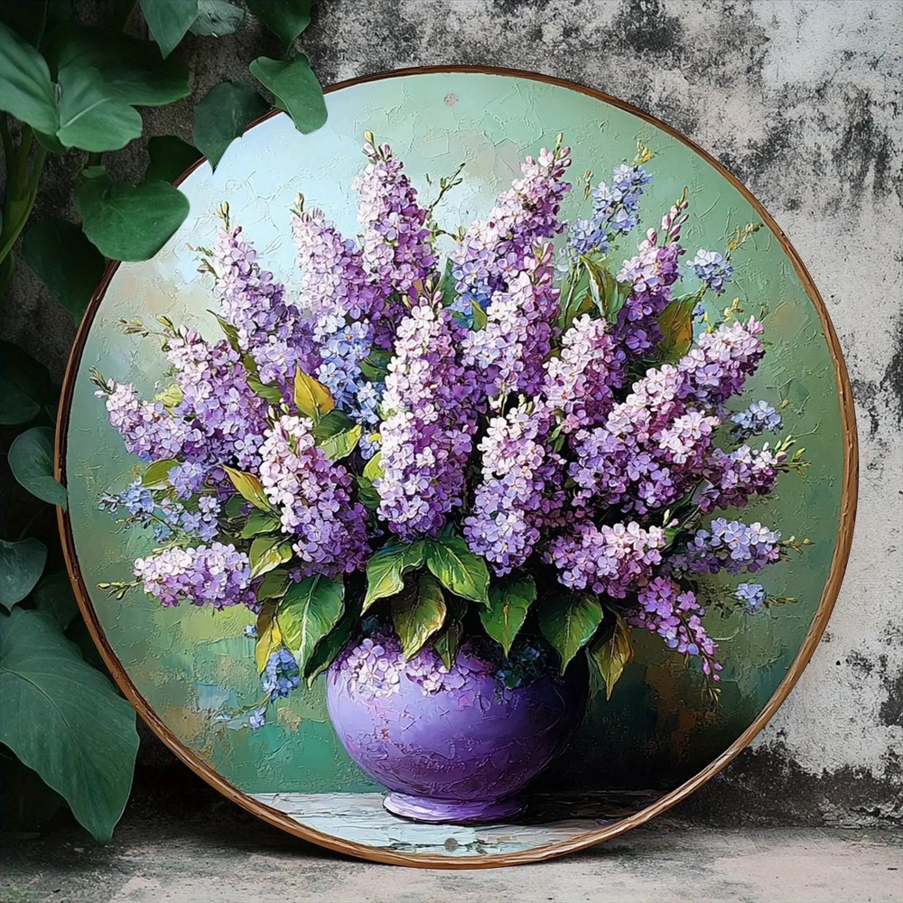 Purple Wisteria Green Leaves Round Aluminum Wall Decor