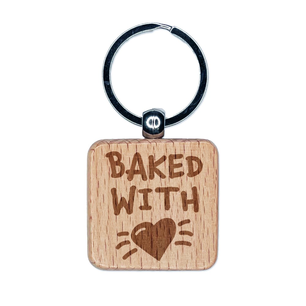 Baked with Love Heart Engraved Wood Square Keychain Tag Charm