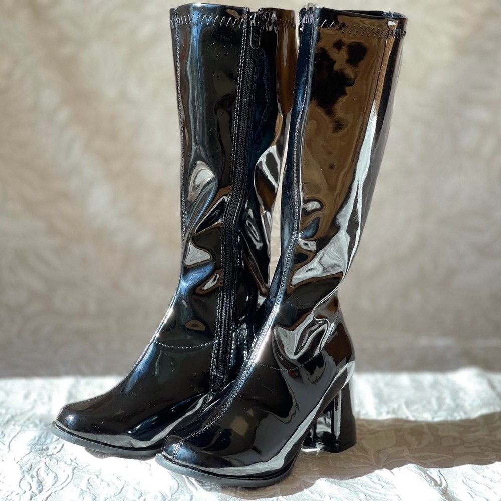 NWOB Ellie Shoes Black Patent Chunky Heel Gogo Knee High Boots Retro Y2K Size 9