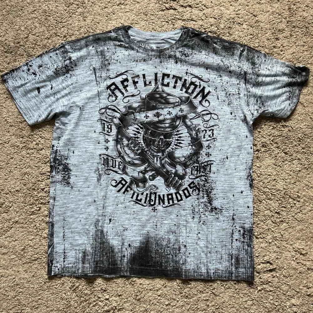 AFFLICTION Mens Dirge Green Blue Short Sleeve Graphic T Shirt XXL 2XL Y2K