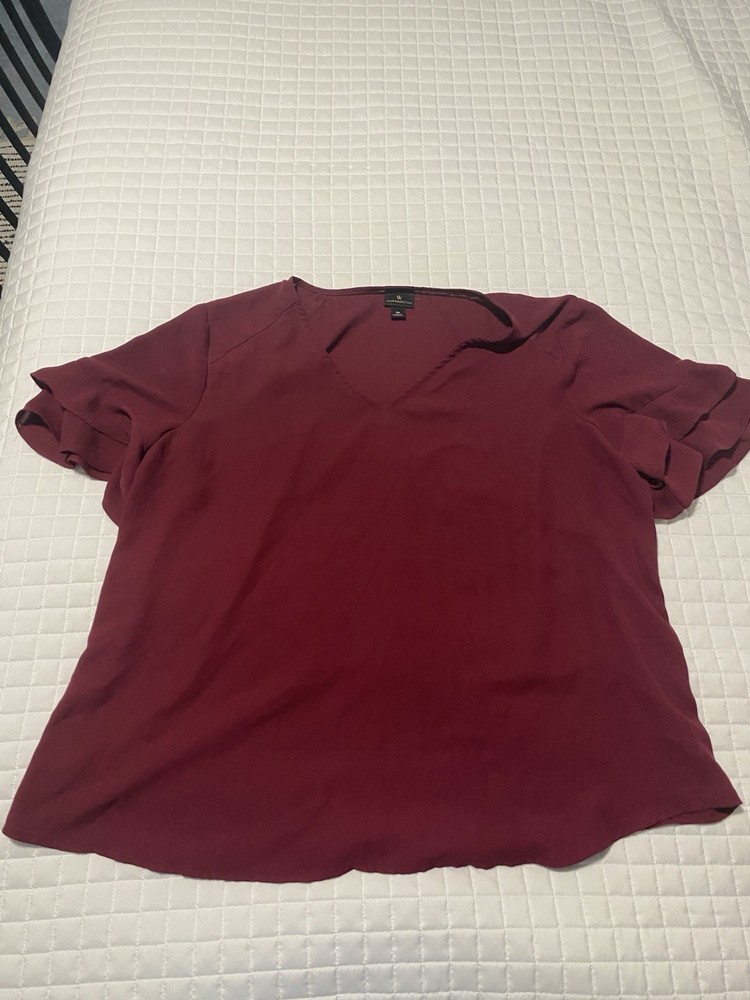 Worthington Blouse Womens XL Burgundy Maroon Ruffle Sleeve V-Neck Solid Chiffon