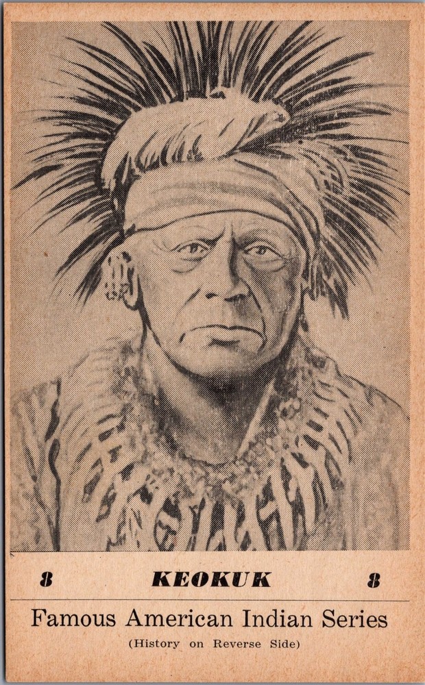 1941 Keokuk Sauk Leader Famous American Indian Series Postcard No. 8 G. I