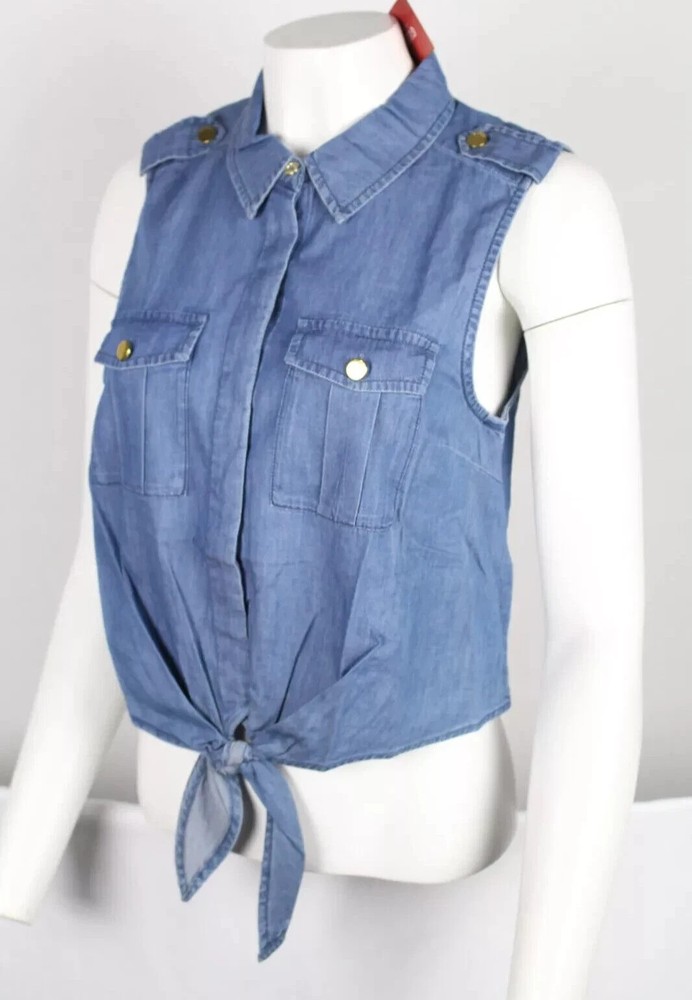 Guess Jeans Women's Denim Tank Top Olicia Chambray Tie Button Blue Wash