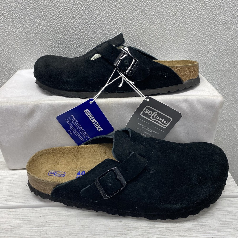Birkenstock Unisex Size M7 W9 EU40 Boston Soft Footbed Clogs Black Suede Narrow