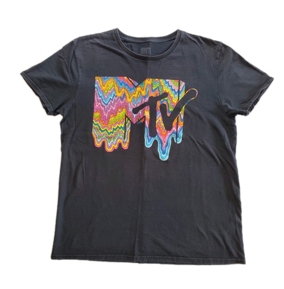 MTV Boy's Black Graphic Logo T-Shirt Crew Neck Short Sleeve L Cotton