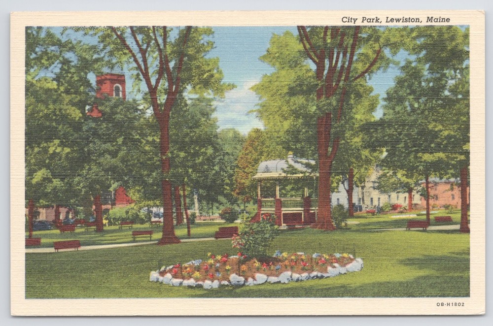 Linen~City Park & Flower Bed Lewiston Maine~Vintage Postcard