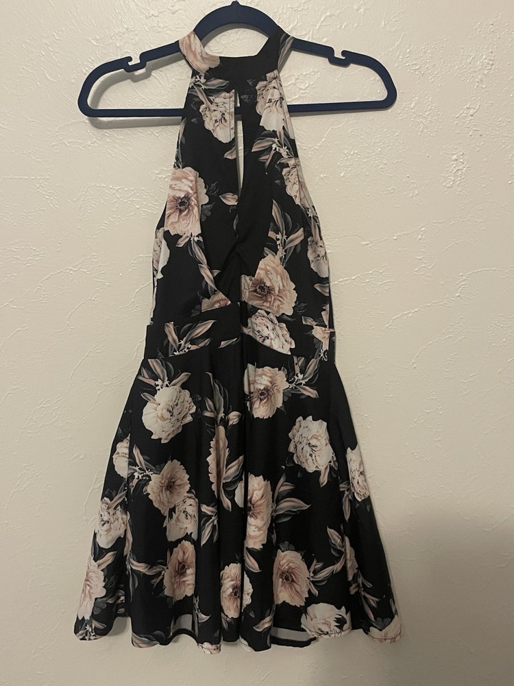 Charlotte Russe Floral Halter Mini Dress Black Pink Open Back Size M
