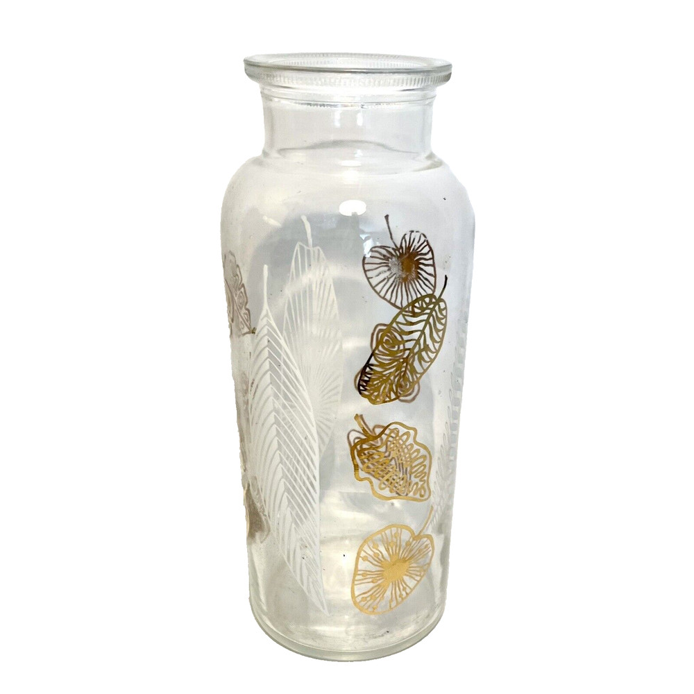 Cresca Mid Century Apothecary Jar Bottle Vase Gold and White Tropical Plant Leaf