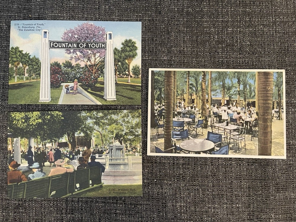 Linen Postcards St. Petersburg, FL Views~ Fountain Of Youth•Indian Rocks Fruit