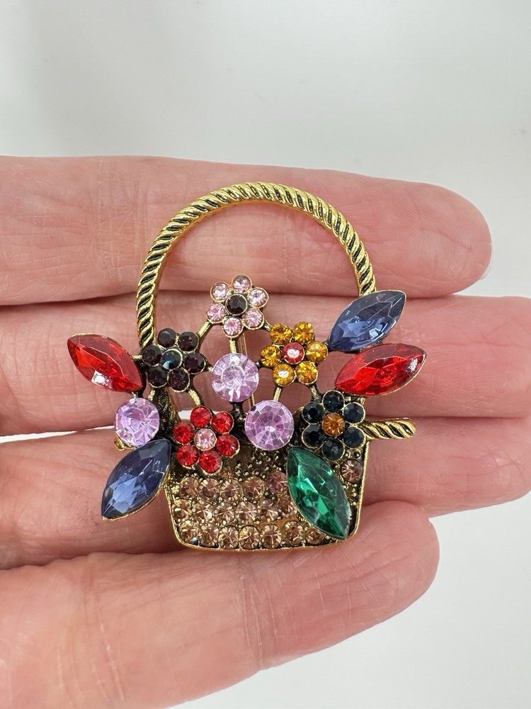 Vintage Flower Basket Brooch Pin Rhinestones Multicolored Gold Tone Gift - B30