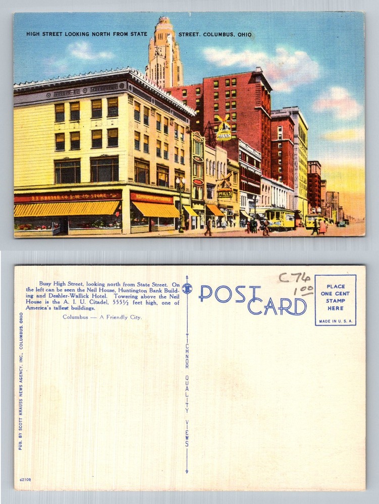 Columbus, OH-Ohio, High Street North From State Street Trolley Vintage Postcard