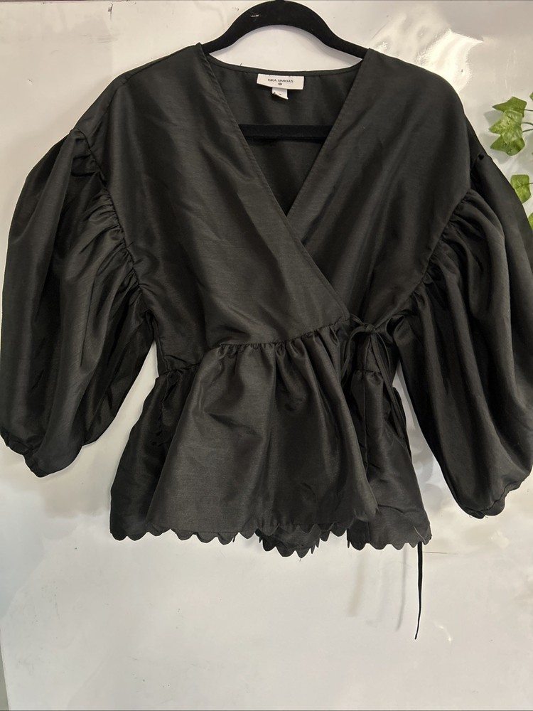 Kika Vargas & Target Puff Sleeve Wrap Blouse Size M Scalloped Edges Black Whimsy