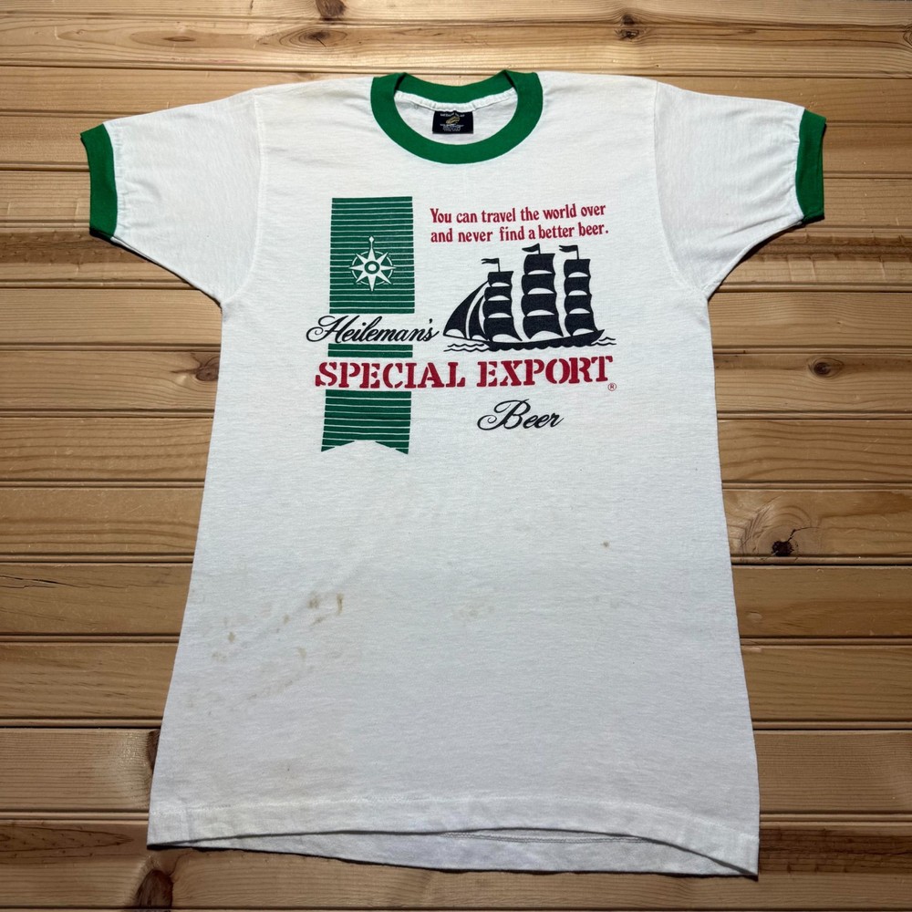 Vintage 70s 80s Heileman's Special Export Beer Ship Ringer T-Shirt USA - Medium